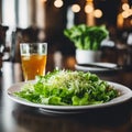 An AI illustration of a plate filled with salad sitting on a table next to a glass Royalty Free Stock Photo