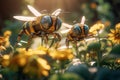 An AI illustration of a couple of bees that are on some flowers and some sunflowers