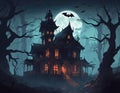 An AI illustration of a creepy house with a full moon in the background and two bats flying around Royalty Free Stock Photo