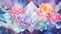 AI illustration with crystals and flowers in watercolor style. Floral background with gemstone minerals. Occult
