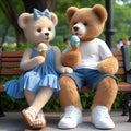 AI illustration of cuddly teddy bears enjoying a sunny day out in the park holding ice cream cones