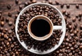 AI illustration of a cup of coffee with steam rising off the top, placed on a bed of coffee beans Royalty Free Stock Photo