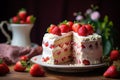 AI illustration of a delectable slice of cake adorned with fresh strawberries. Royalty Free Stock Photo