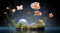 AI illustration of delicate orange and white flowers emerging from a blue water sphere.