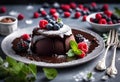 AI illustration of a delicious chocolate pudding with fresh red strawberries. Royalty Free Stock Photo