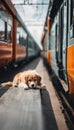 An AI illustration of a dog is laying on the floor next to a train Royalty Free Stock Photo