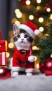 AI illustration of a domestic cat wearing a festive Santa Claus costume.