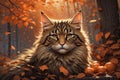 An AI illustration of a cat laying on top of some pumpkins in the leaves Royalty Free Stock Photo