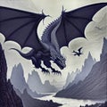 AI ILLUSTRATION dragon flying through mountains etching 2091 square