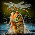 An AI illustration of a dragon flys above a fish with it's eyes closed