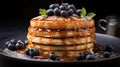 AI illustration of a drizzle of maple syrup on a stack of fluffy pancakes with blueberries.