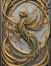 AI illustration of exquisite gold, blue, and white wall art featuring a majestic flying bird