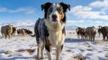 AI illustration of a faithful Blue Heeler companion amidst a herd of cattle in a wintry landscape