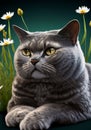 AI illustration of a fluffy cat sitting on a grassy green