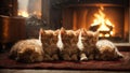 An AI Illustration Of Four Cats Laying On A Red Rug In Front Of A Fire Place