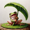 An AI illustration of this is a frog under a umbrella on top of a leaf