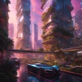 AI illustration of a futuristic car driving in city at sunset with massive green tower in background