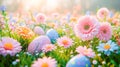 AI illustration of a garden with Easter eggs painted in vibrant tones among the flowers.