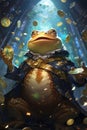 An AI illustration of frog prince sits in a chair surrounded by coins and looking up to the sky