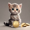 An AI illustration of a small gray kitten sits next to gold coin and is looking forward