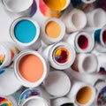 An AI illustration of many paint cans on a surface with different colors, and shapes
