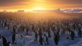 An AI illustration of a flock of penguins in a large group in the snow