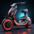 An AI illustration of a small scooter with glowing wheels sitting on a table