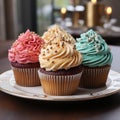 An AI illustration of a row of cupcakes on a plate with blue, orange and pink frost Royalty Free Stock Photo