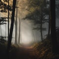 An AI illustration of a path leading through a forest in the fog with a trail running on it Royalty Free Stock Photo