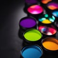 An AI illustration of many different colored paint colors in small bowls on a table