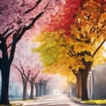 An AI illustration of a painting of a street lined with trees in autumn season