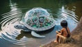 An AI illustration of girl sitting next to an inflatable turtle sculpture on water