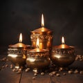 AI illustration of gold-colored candles arranged in a triangular formation atop a wooden floor. Royalty Free Stock Photo