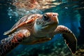 AI illustration of a green sea turtle gracefully swimming under the ocean