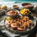 An AI illustration of grilled shrimps on skewers with pineapple salsa
