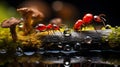 An AI illustration of a group of ants walking next to water with bubbles on it