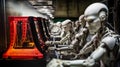 An AI illustration of a row of artificials lined up next to computers in a room