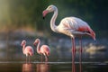AI illustration of A group of elegant flamingos gracefully standing in a shallow body of water.