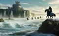 AI illustration of a group of equestrians galloping on horseback around a large tranquil lake. Royalty Free Stock Photo