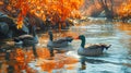 AI illustration of a group of geese swimming in the river at sunset in the forest. Royalty Free Stock Photo