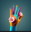 AI illustration of a hand covered in bright blue and pink paint, creating a creative look