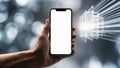 AI illustration of a hand holding a smartphone with a blank screen and digital data transfer concept Royalty Free Stock Photo