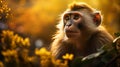 An AI illustration of a close - up shot of a monkey surrounded by leaves and flowers