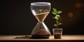 An AI illustration of an hourglass sitting next to a plant sprouting in the sand