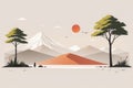 An AI illustration of the illustration depicts desert landscapes and mountains with people, trees, a