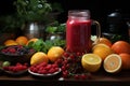 An AI illustration of an image of berries and juice in mason jars on counter top