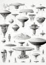 An AI illustration of various types of aliens with flying saucers and alien spaceships