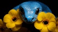 An AI illustration of a lizard hiding its eyes behind some flowers in the dark