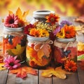 An AI illustration of jars are adorned with dried leaves and flowers to give a gift to someone