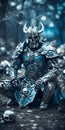 An AI illustration of a knight sitting on the ground with his armor on in the woods